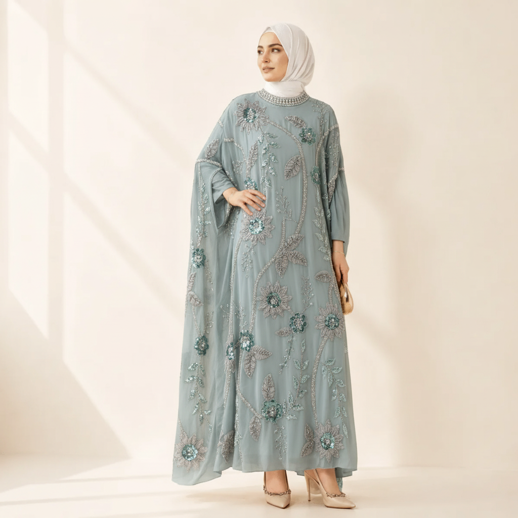 Embroidered Pearl Floral Abaya with Draped Batwing Sleeves(MA453)