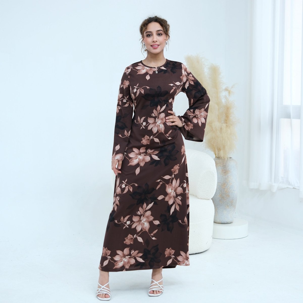 Ink Floral Satin Maxi Dress – Bell Sleeve Satin Abaya