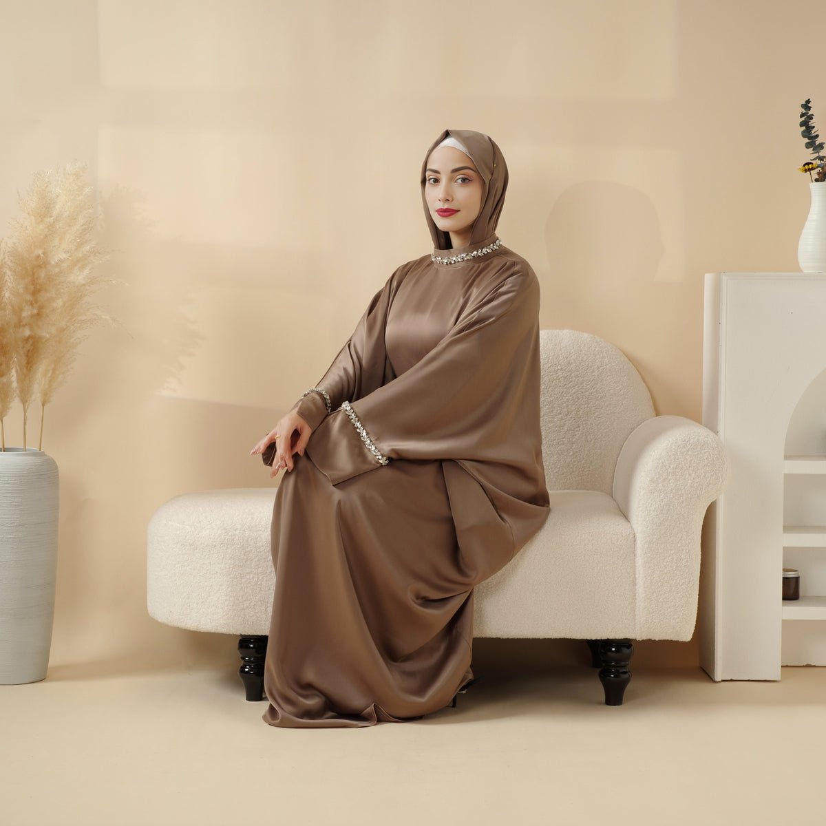 Kaftan Batwing Sleeve Luxury Satin Diamond Abaya 2 - Piece Set (MA121) - Mariam's Collection