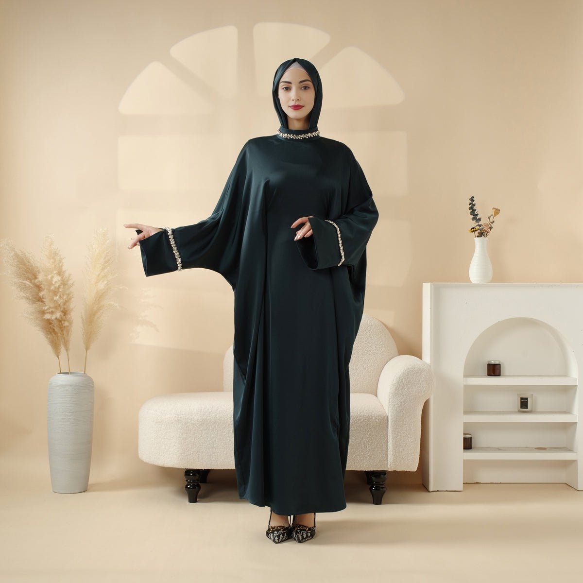 Kaftan Batwing Sleeve Luxury Satin Diamond Abaya 2 - Piece Set (MA121) - Mariam's Collection