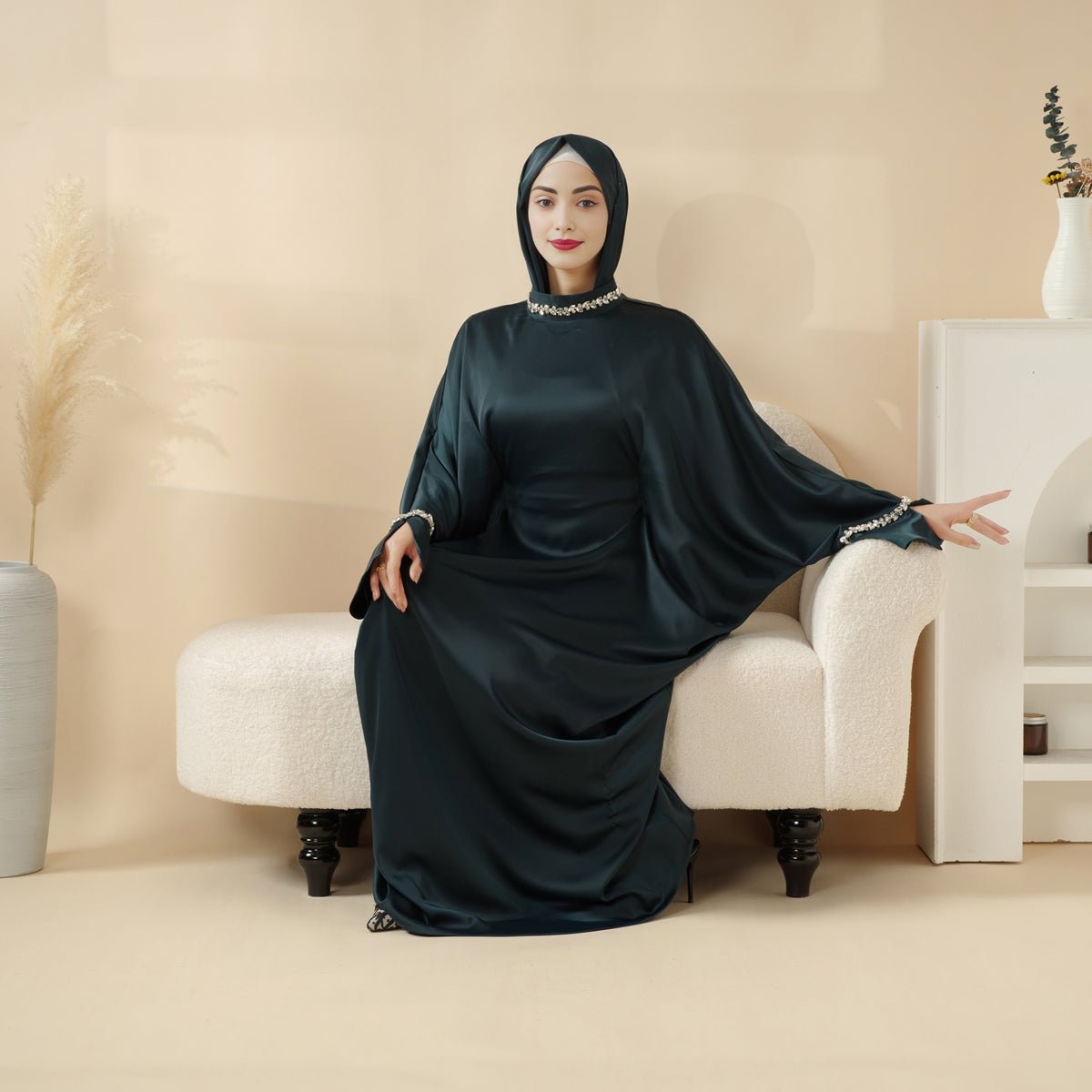 Kaftan Batwing Sleeve Luxury Satin Diamond Abaya 2 - Piece Set (MA121) - Mariam's Collection