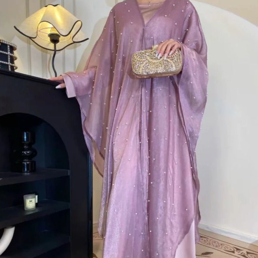 Kaftan Beaded Dazzling Shiny Open Abaya 2 - Piece Set (MOA111) - Mariam's Collection
