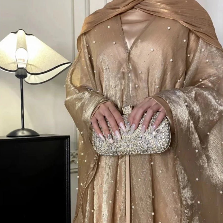 Kaftan Beaded Dazzling Shiny Open Abaya 2 - Piece Set (MOA111) - Mariam's Collection