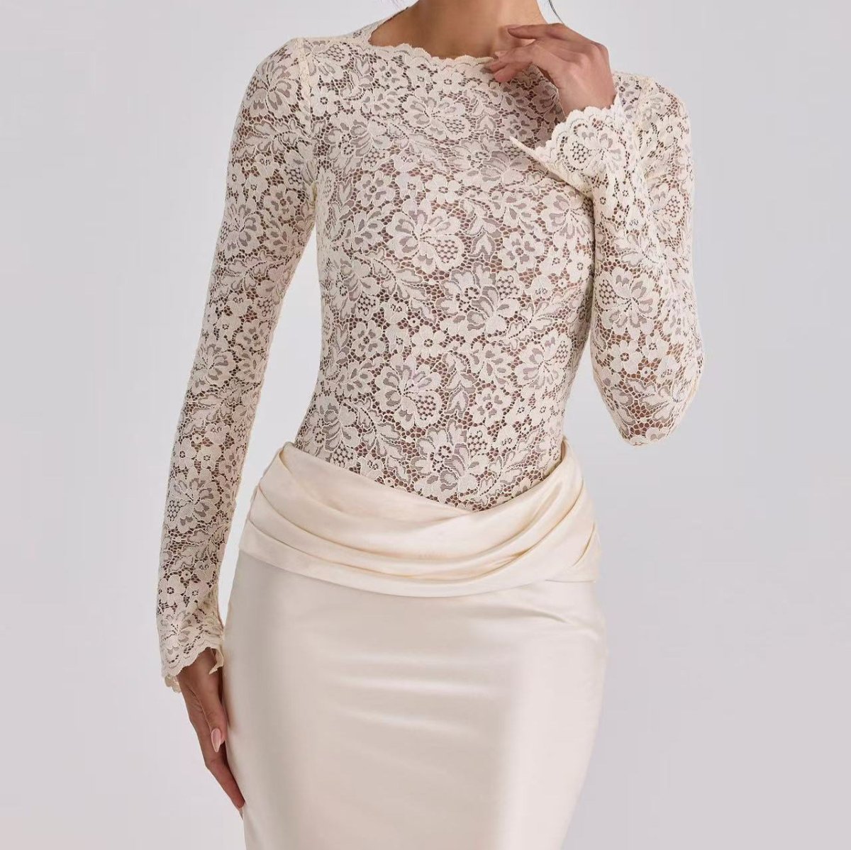 Lace Bodice Satin Ruched Mermaid Maxi Dress(MS415) - Mariam's Collection