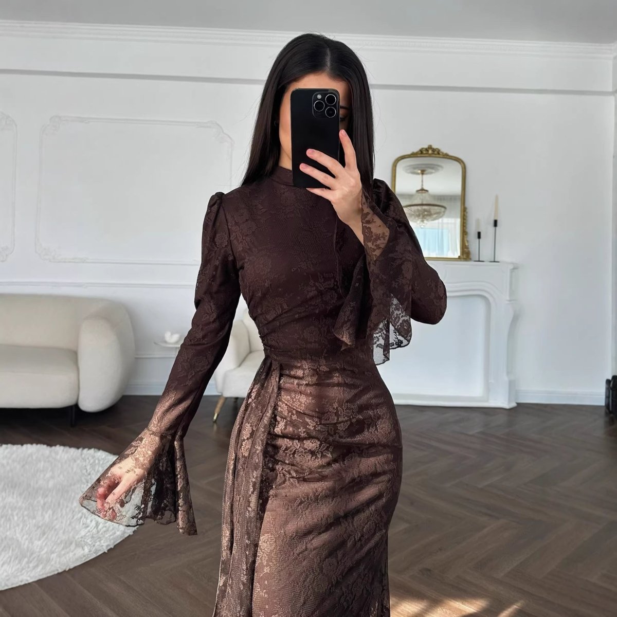 Lace Bell Sleeve Evening Dress – Bodycon Lace Maxi Dress