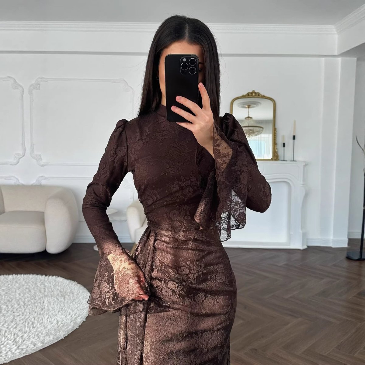 Back view of bodycon floral lace evening gown with self-tie belt