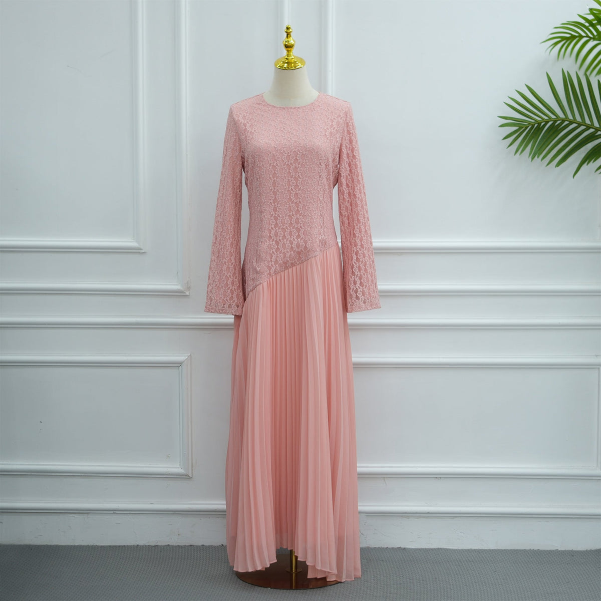 Lace Chiffon-Effect Pleated Maxi Dress | Lined Long-Sleeve Occasion Dress(MS574) - Mariam's Collection