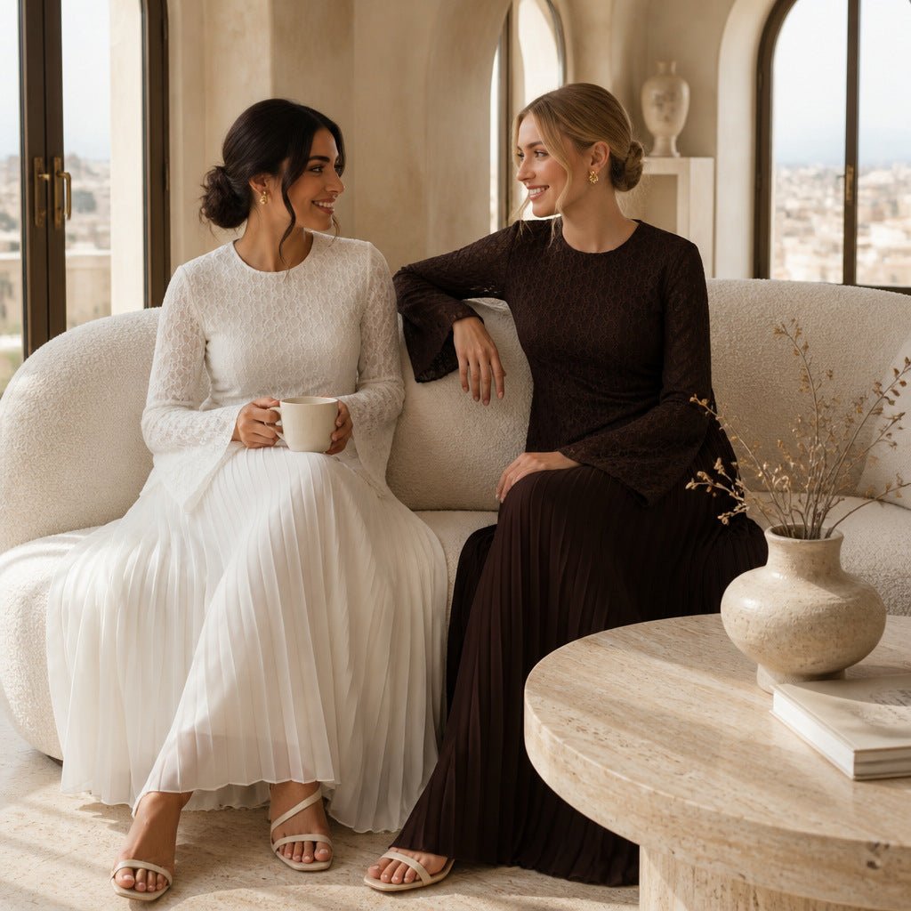 Lace Chiffon-Effect Pleated Maxi Dress | Lined Long-Sleeve Occasion Dress(MS574) - Mariam's Collection