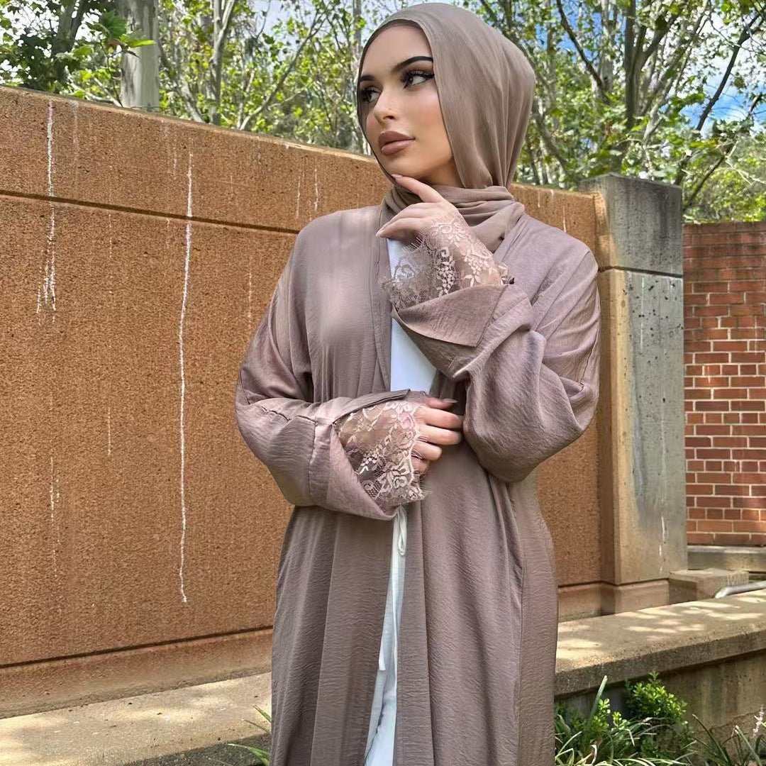 Lace Cuff Crinkle Open Abaya – Belted Modest Abaya UK