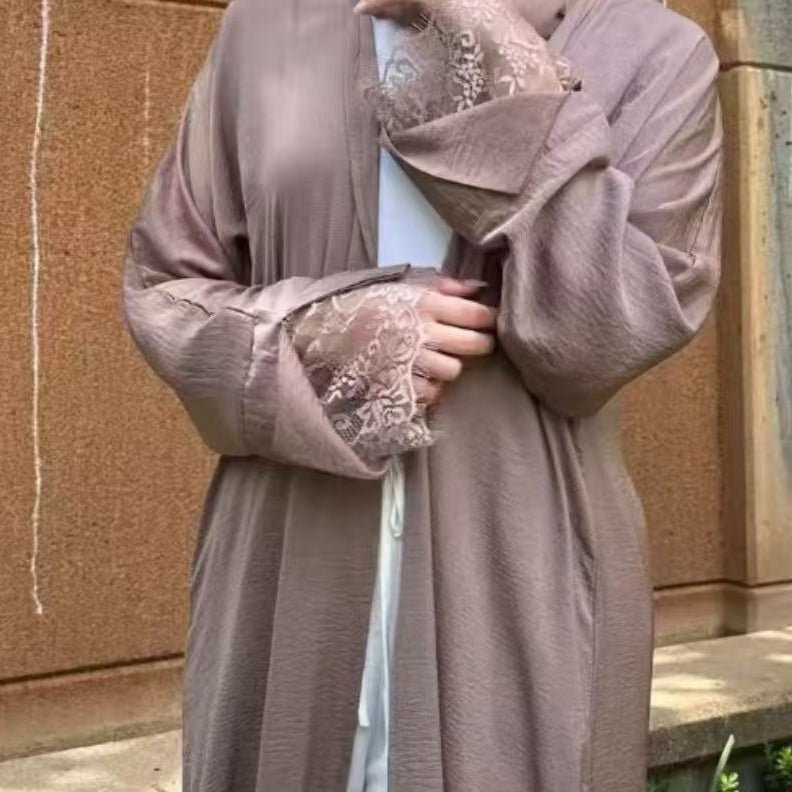 Lace Cuff Crinkle Open Abaya – Belted Modest Abaya UK