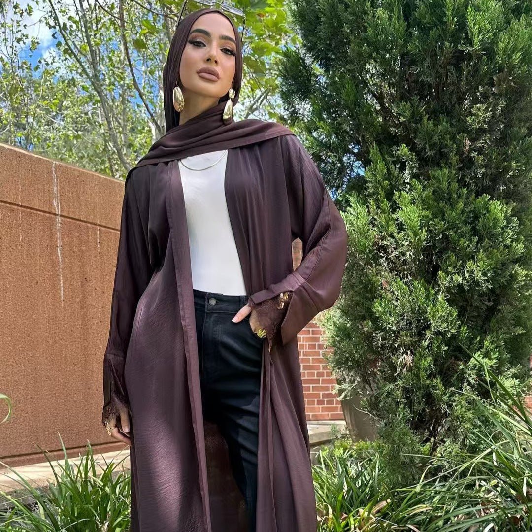 Lace Cuff Crinkle Open Abaya – Belted Modest Abaya UK