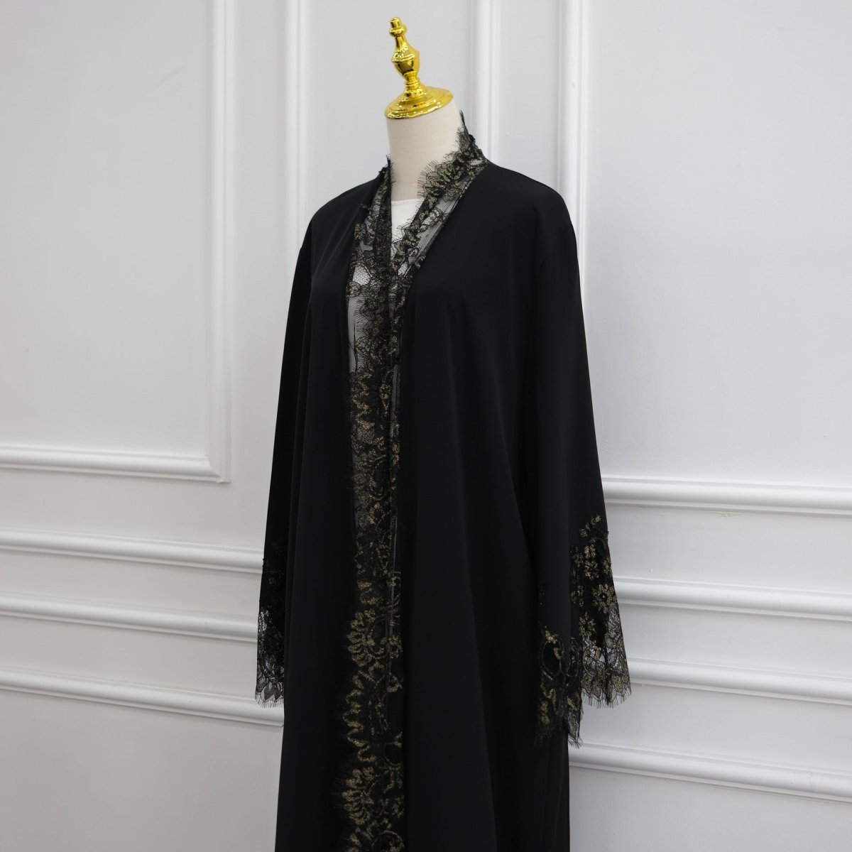 Lace-Panel Flared-Sleeve Open Abaya with Pockets(MOA332) - Mariam's Collection