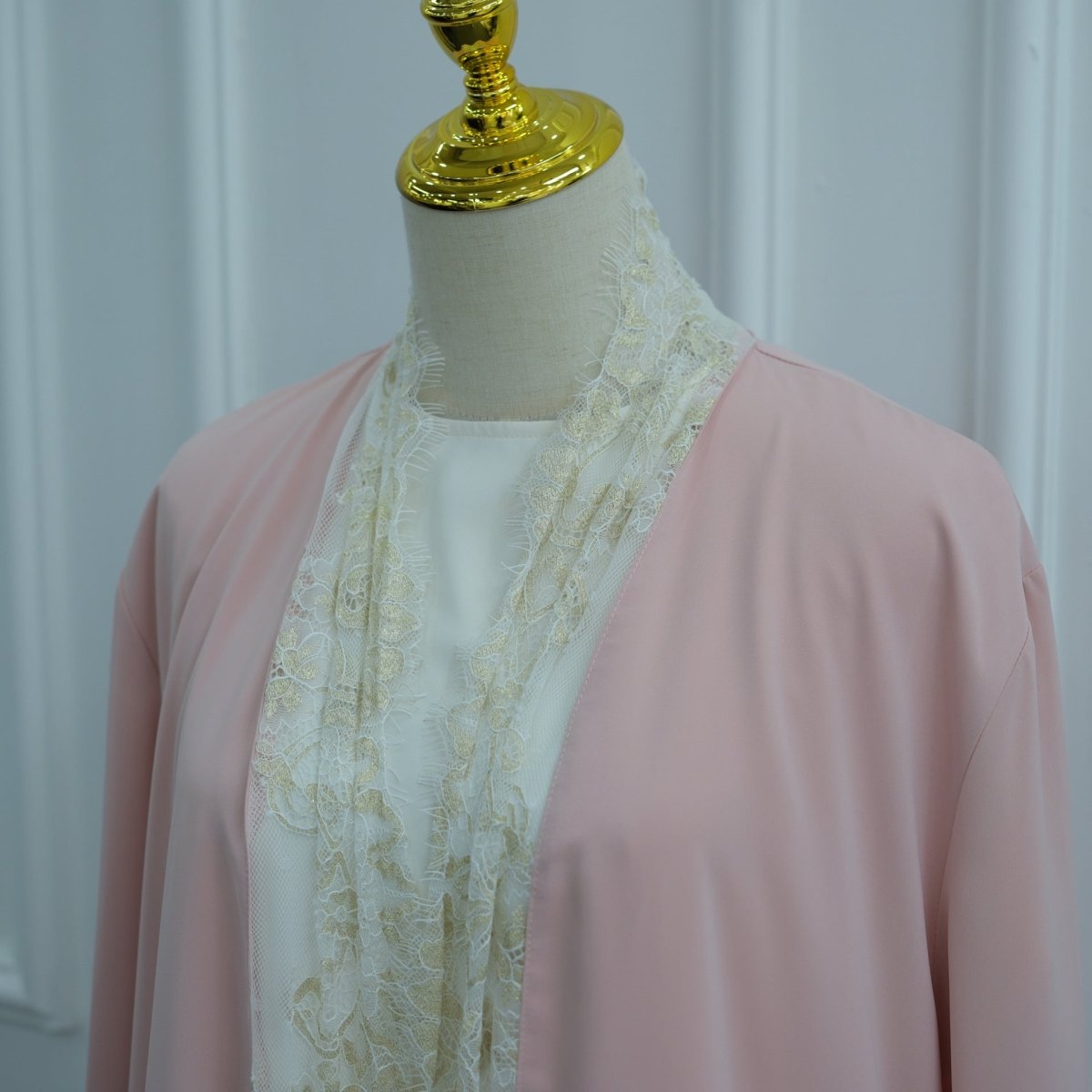 Lace-Panel Flared-Sleeve Open Abaya with Pockets(MOA332) - Mariam's Collection
