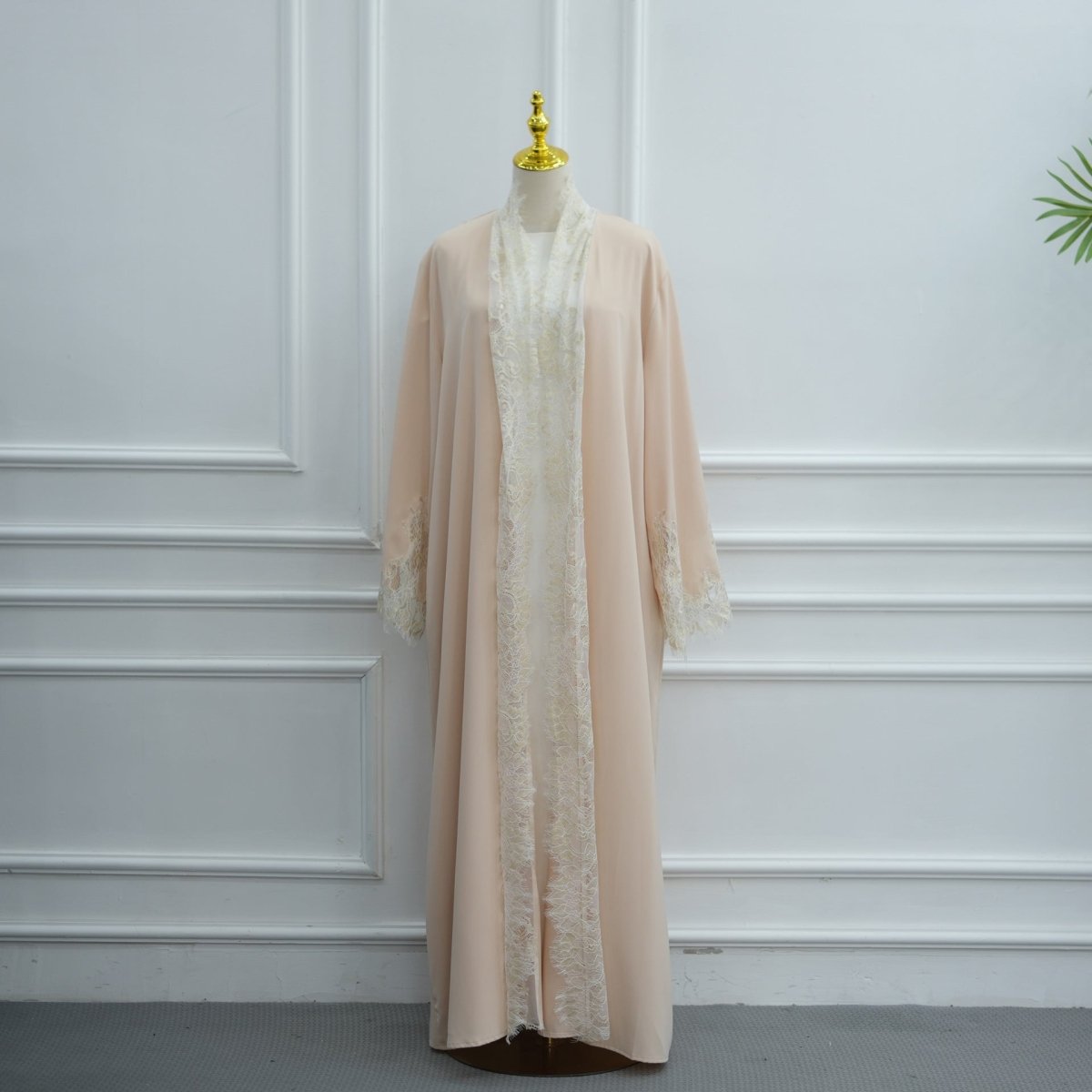 Lace-Panel Flared-Sleeve Open Abaya with Pockets(MOA332) - Mariam's Collection