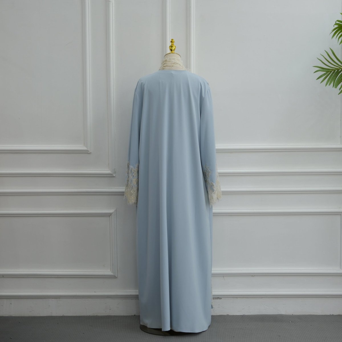 Lace-Panel Flared-Sleeve Open Abaya with Pockets(MOA332) - Mariam's Collection