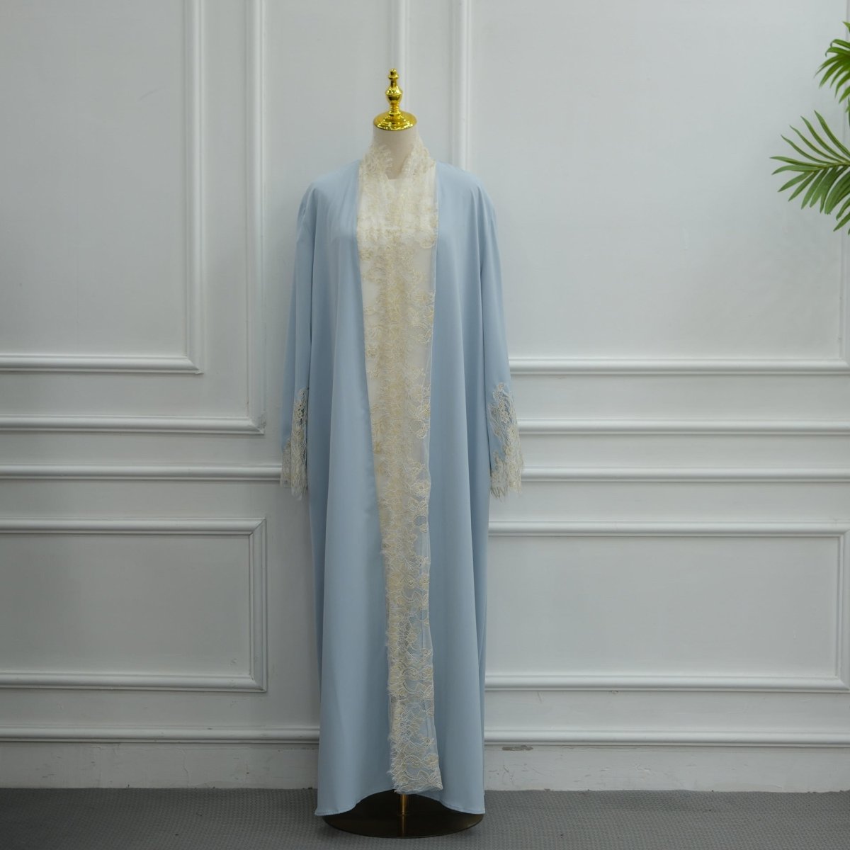 Lace-Panel Flared-Sleeve Open Abaya with Pockets(MOA332) - Mariam's Collection