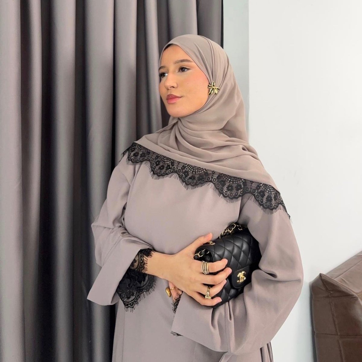 Lace Splice Nida Maxi Dress & Hijab Set(MA444) - Mariam's Collection