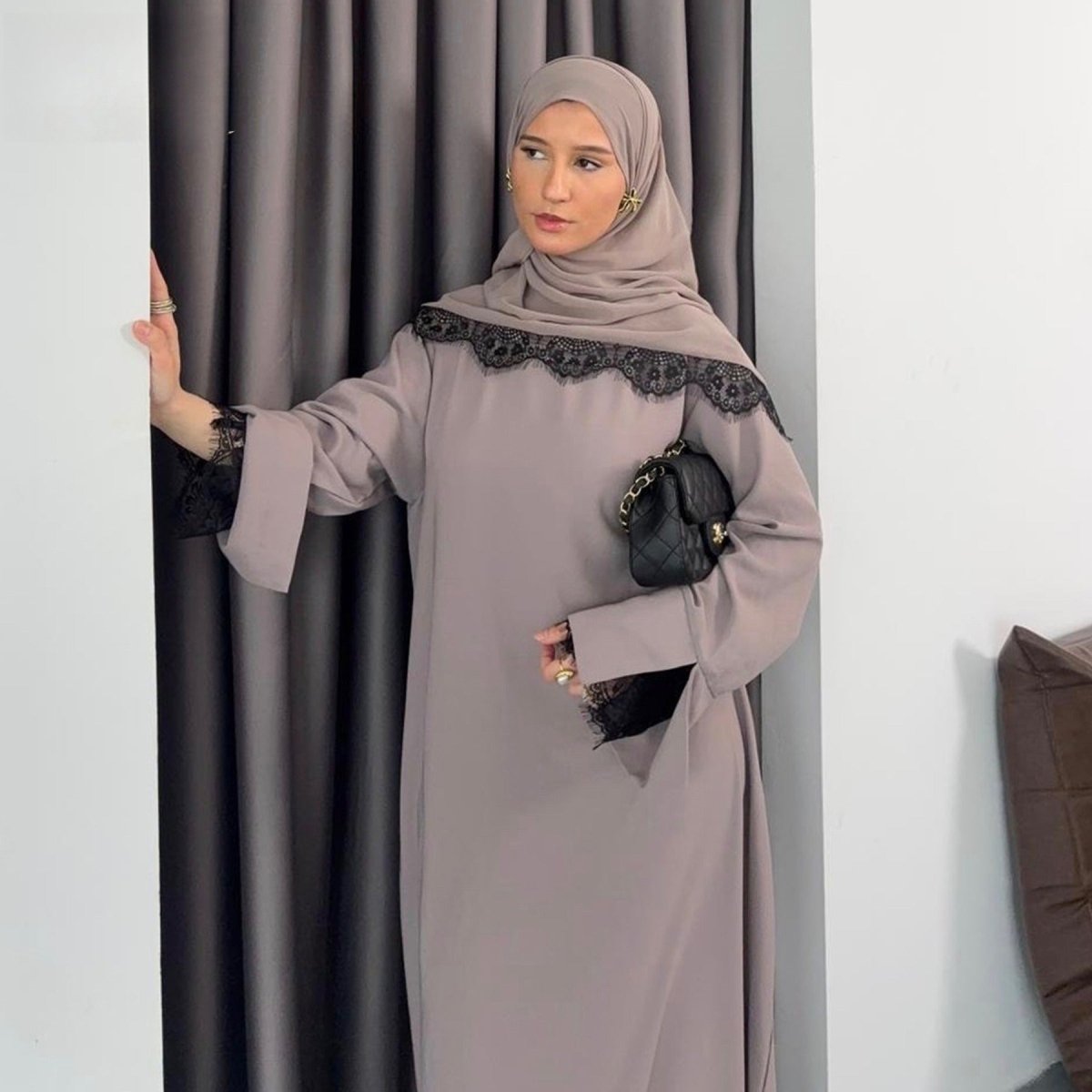 Lace Splice Nida Maxi Dress & Hijab Set(MA444) - Mariam's Collection