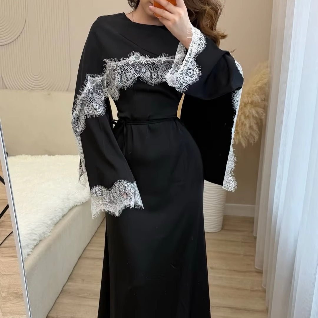 Lace Splice Satin Maxi Dress with Fixed Cape(MS438) - Mariam's Collection