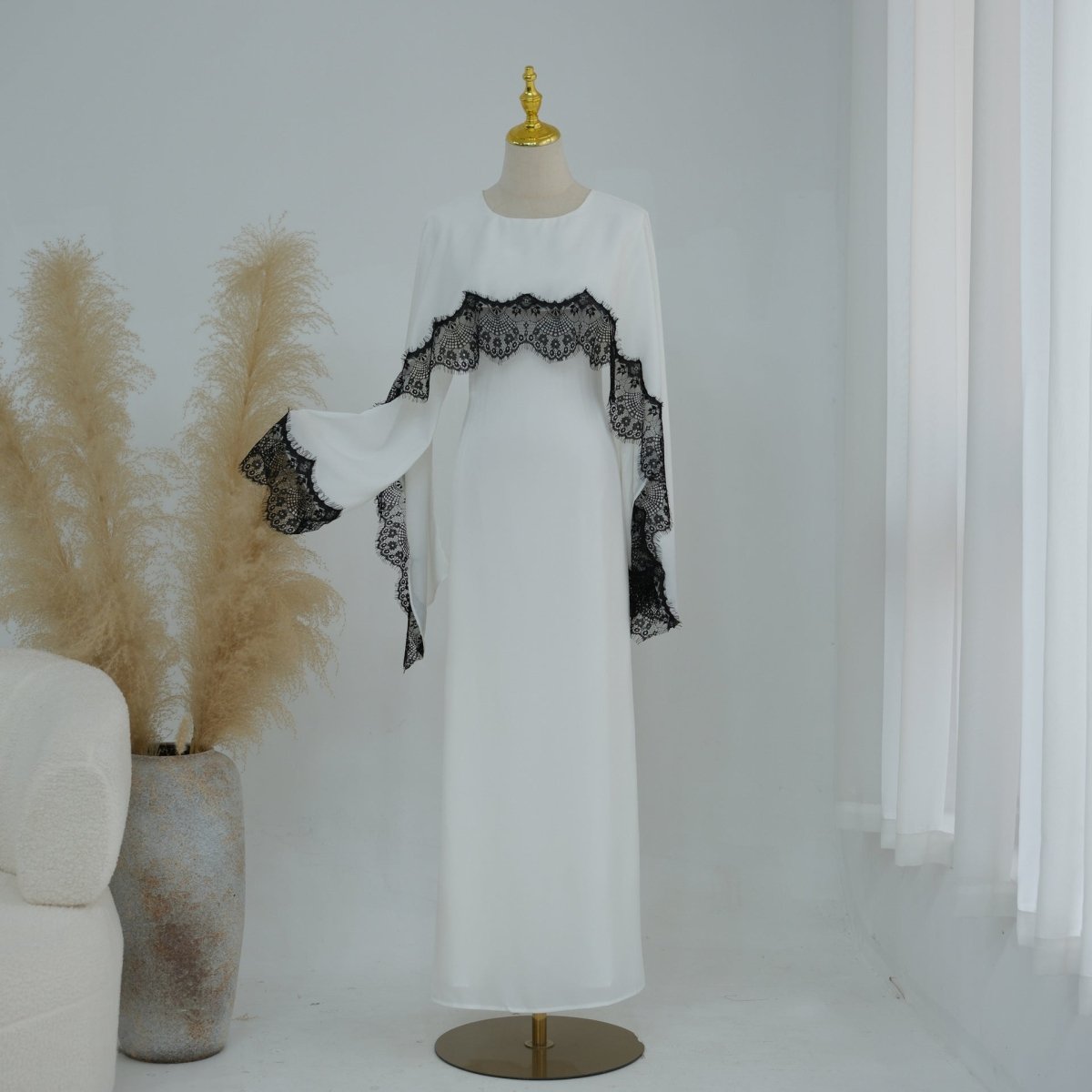 Lace Splice Satin Maxi Dress with Fixed Cape(MS438) - Mariam's Collection