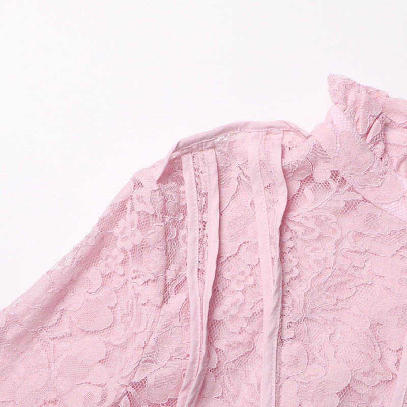 Pink lace stand collar dress with romantic floral pattern throughout