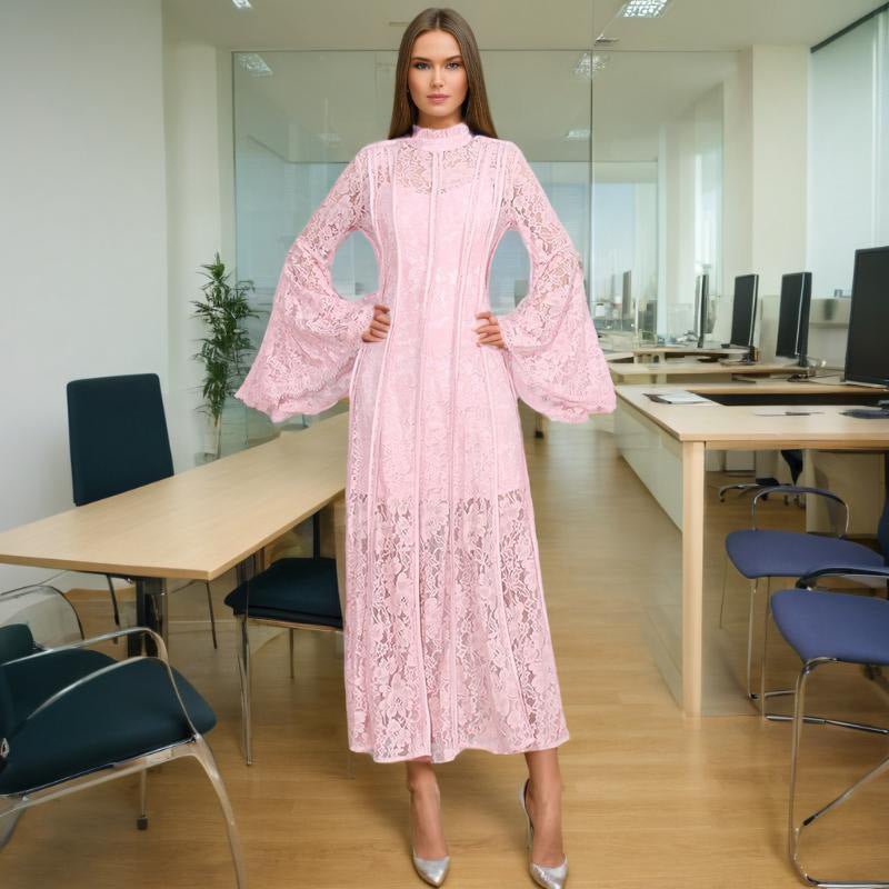 Lace Stand Collar Bell Sleeve Maxi Dress — Romantic Lace Modest Gown