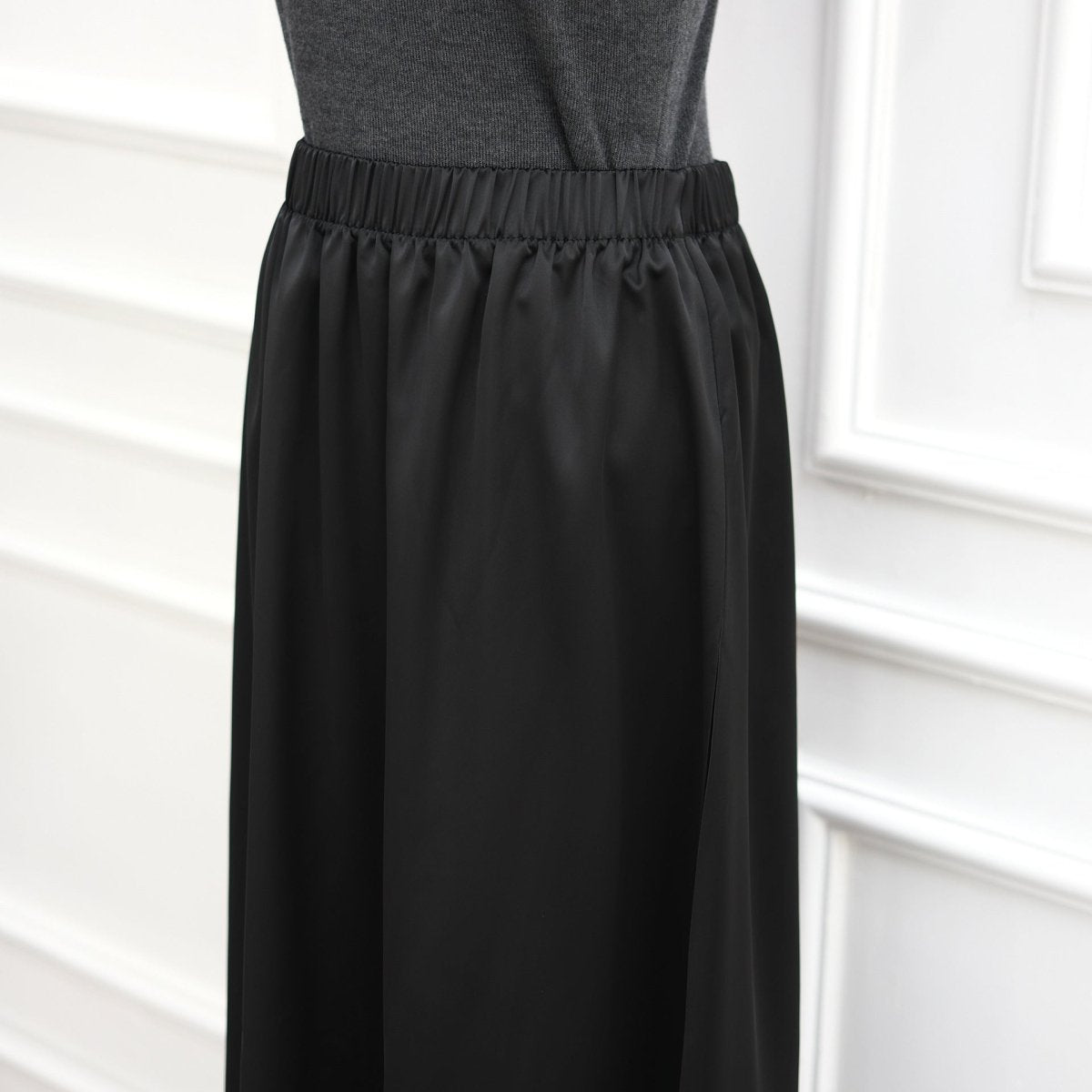 Full-length view of lace trim satin top in chocolate colourway