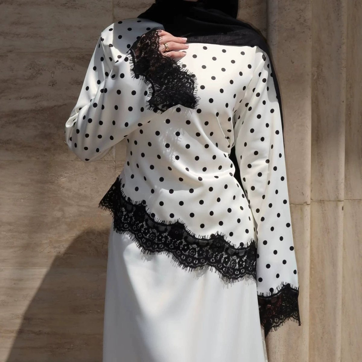 Lace Trim Contrast Panel Satin Top(MS407) - Mariam's Collection