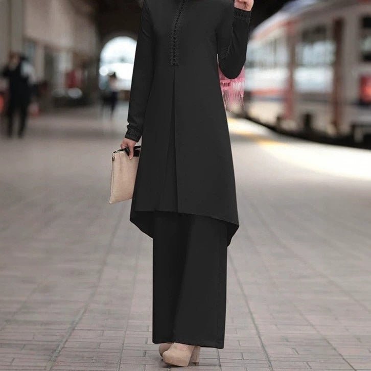 Lace-Trim Long Tunic & Wide-Leg Pants Set(MS540) - Mariam's Collection
