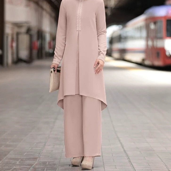 Lace-Trim Long Tunic & Wide-Leg Pants Set(MS540) - Mariam's Collection