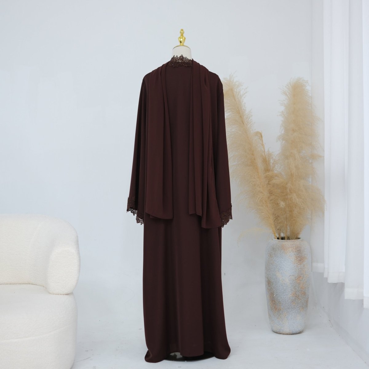 Lace-Trim Nida 3-Piece Abaya Set(MOA330) - Mariam's Collection