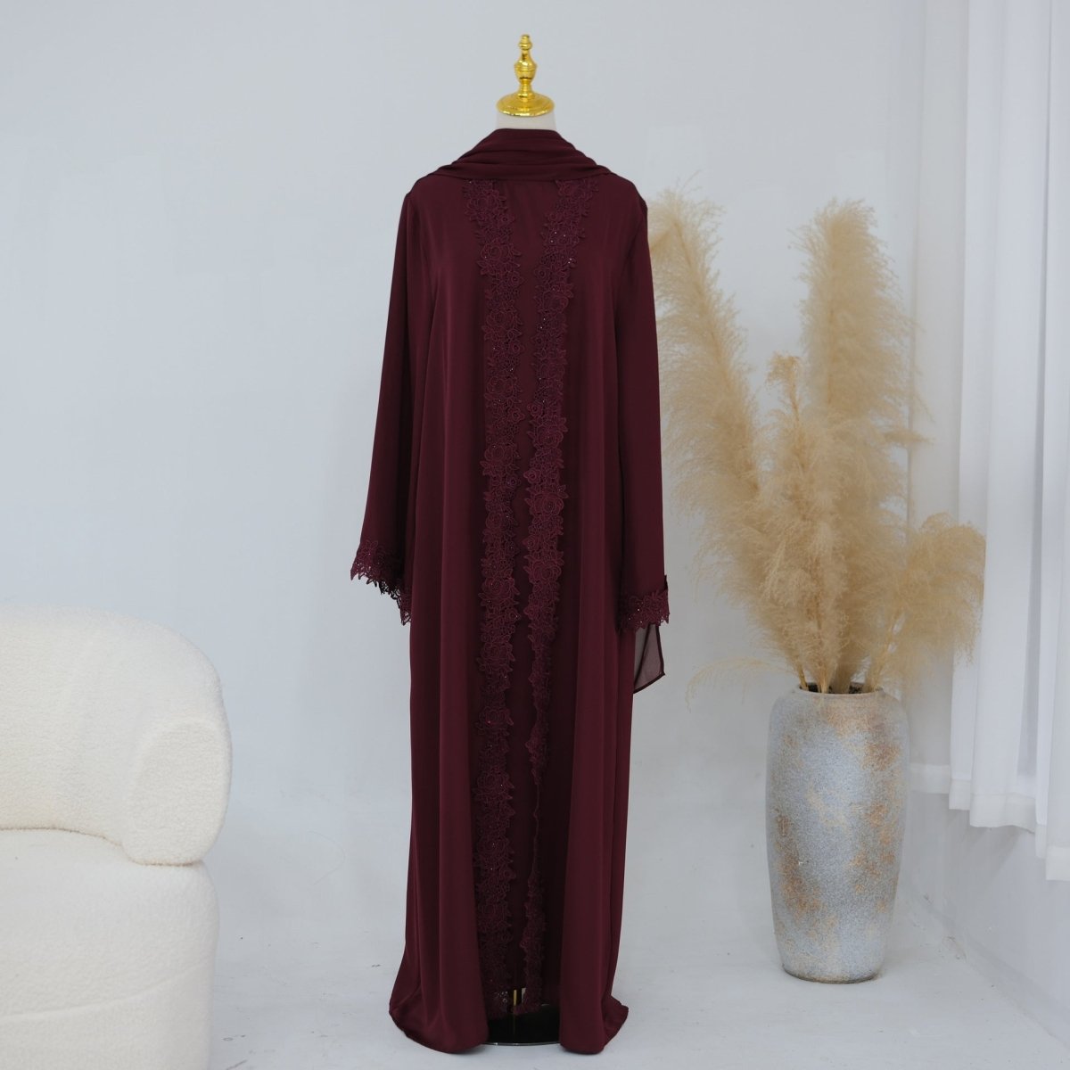 Lace-Trim Nida 3-Piece Abaya Set(MOA330) - Mariam's Collection
