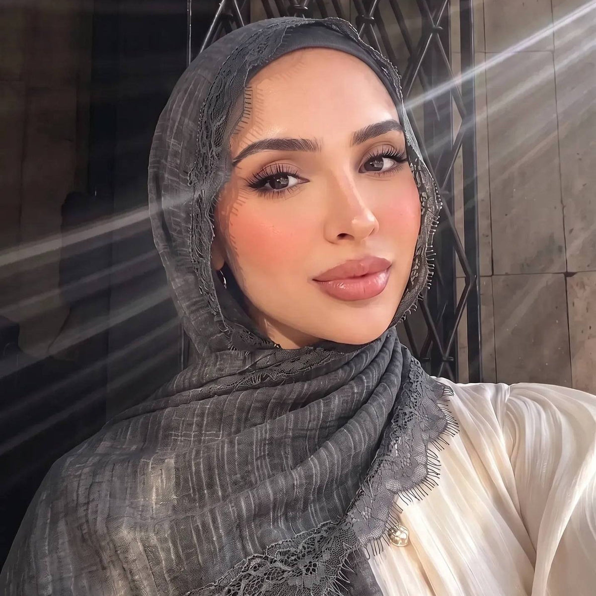 Lace trim hijab folded neatly for travel and handbags