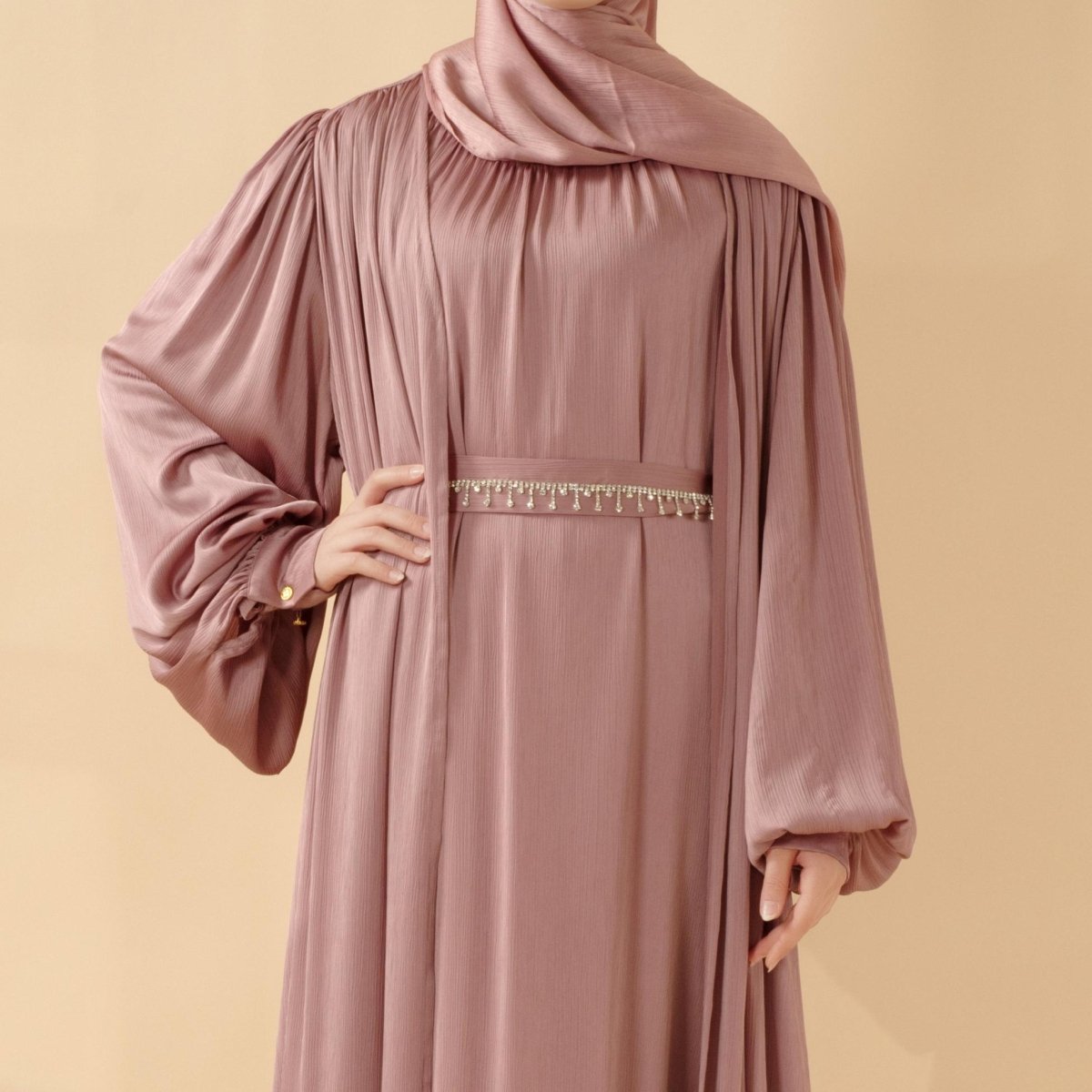 Lantern Sleeve Abaya, 4 - Piece Set Large Pleated Sleeves Abaya (MOA084) - Mariam's Collection