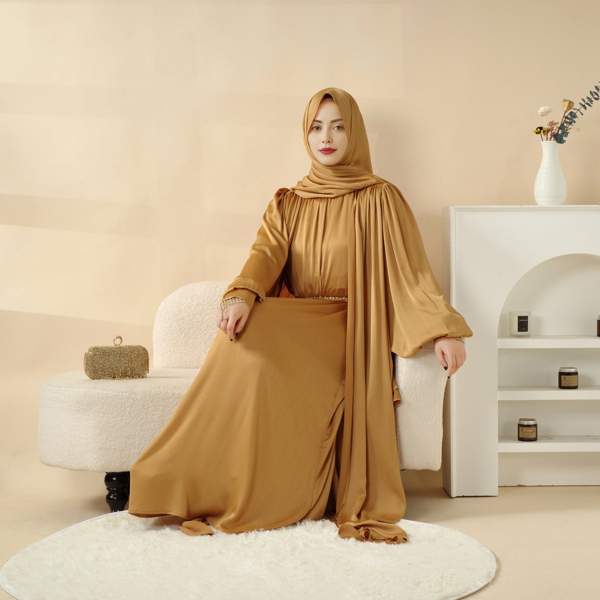 Lantern Sleeve Abaya, 4 - Piece Set Large Pleated Sleeves Abaya (MOA084) - Mariam's Collection