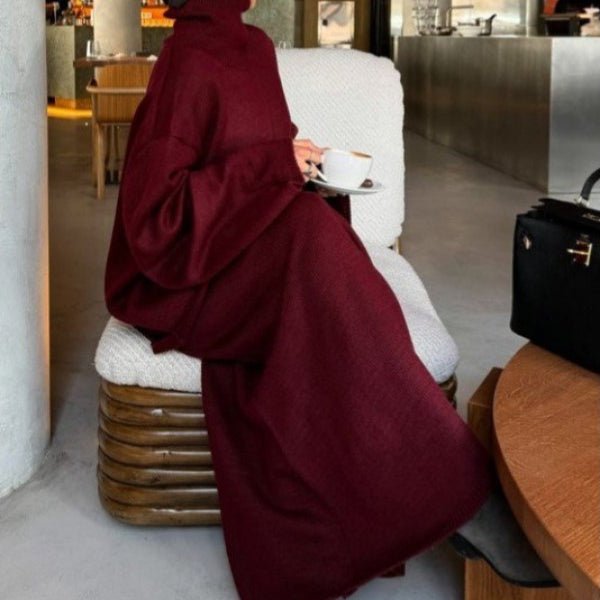 Lazy Style Knit Sweater & Skirt Set | High Neck Wide Sleeve Top & Elastic Waist Skirt(MS140) - Mariam's Collection