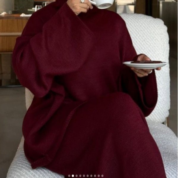 Lazy Style Knit Sweater & Skirt Set | High Neck Wide Sleeve Top & Elastic Waist Skirt(MS140) - Mariam's Collection