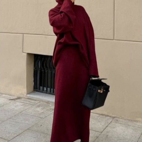 Lazy Style Knit Sweater & Skirt Set | High Neck Wide Sleeve Top & Elastic Waist Skirt(MS140) - Mariam's Collection