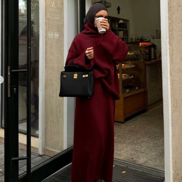 Lazy Style Knit Sweater & Skirt Set | High Neck Wide Sleeve Top & Elastic Waist Skirt(MS140) - Mariam's Collection