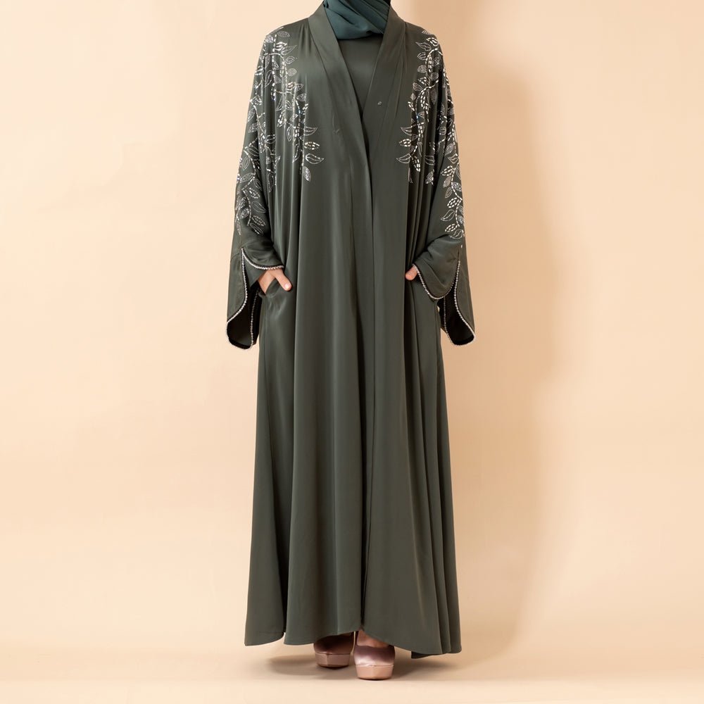 Leaf Embellishment Satin 3 - Piece Abaya Set for Eid (MOA244) - Mariam's Collection