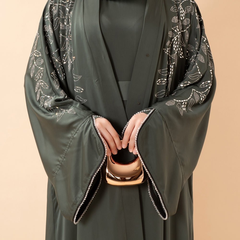 Leaf Embellishment Satin 3 - Piece Abaya Set for Eid (MOA244) - Mariam's Collection