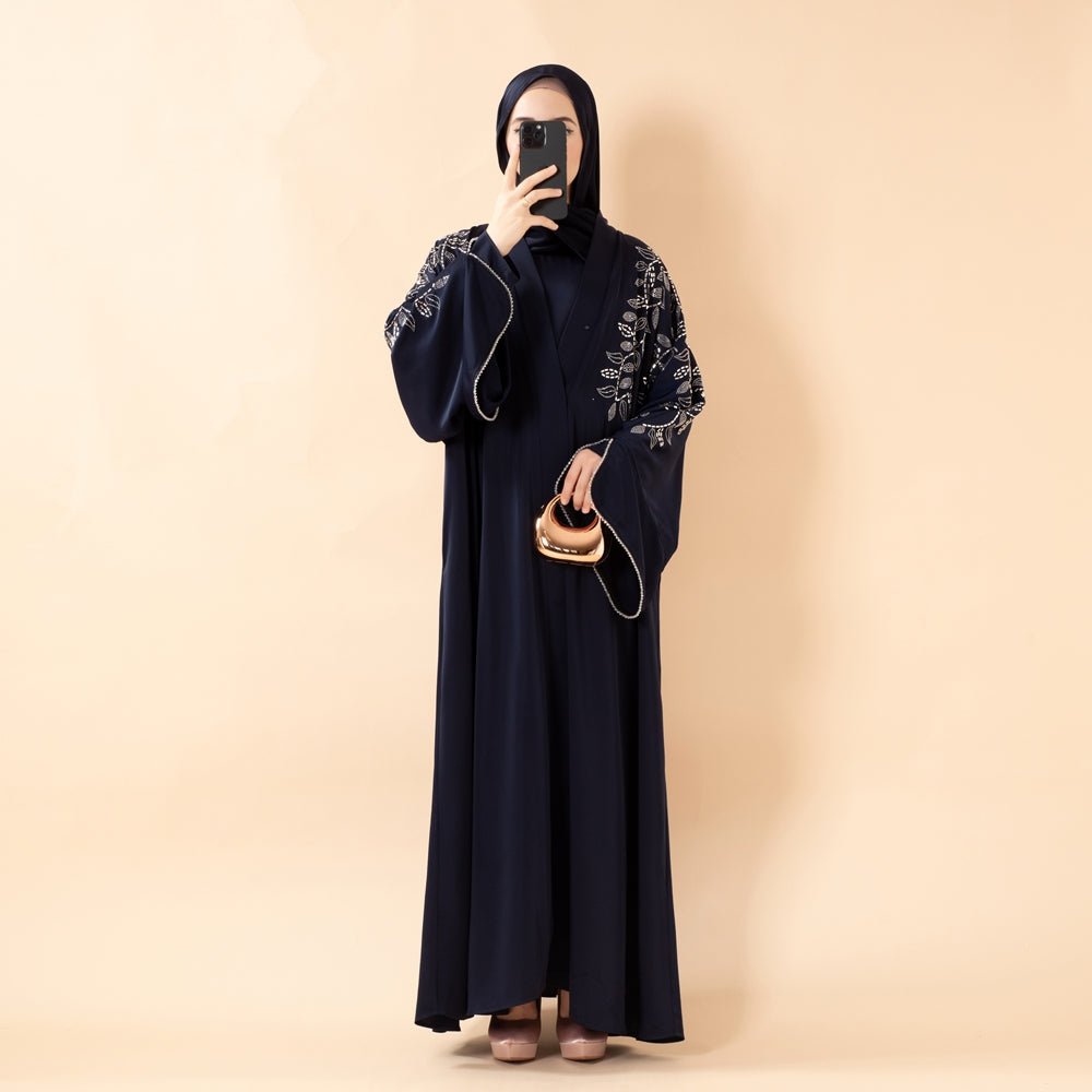 Leaf Embellishment Satin 3 - Piece Abaya Set for Eid (MOA244) - Mariam's Collection