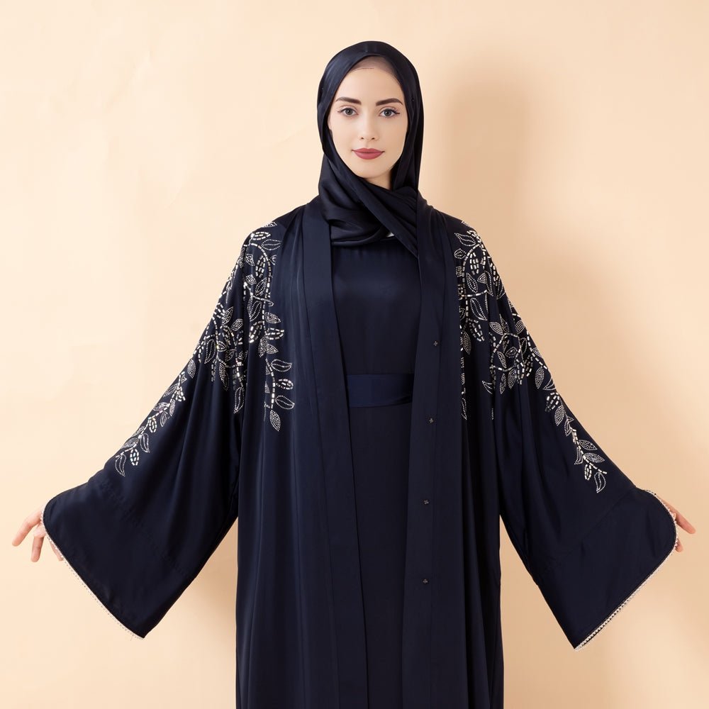 Leaf Embellishment Satin 3 - Piece Abaya Set for Eid (MOA244) - Mariam's Collection