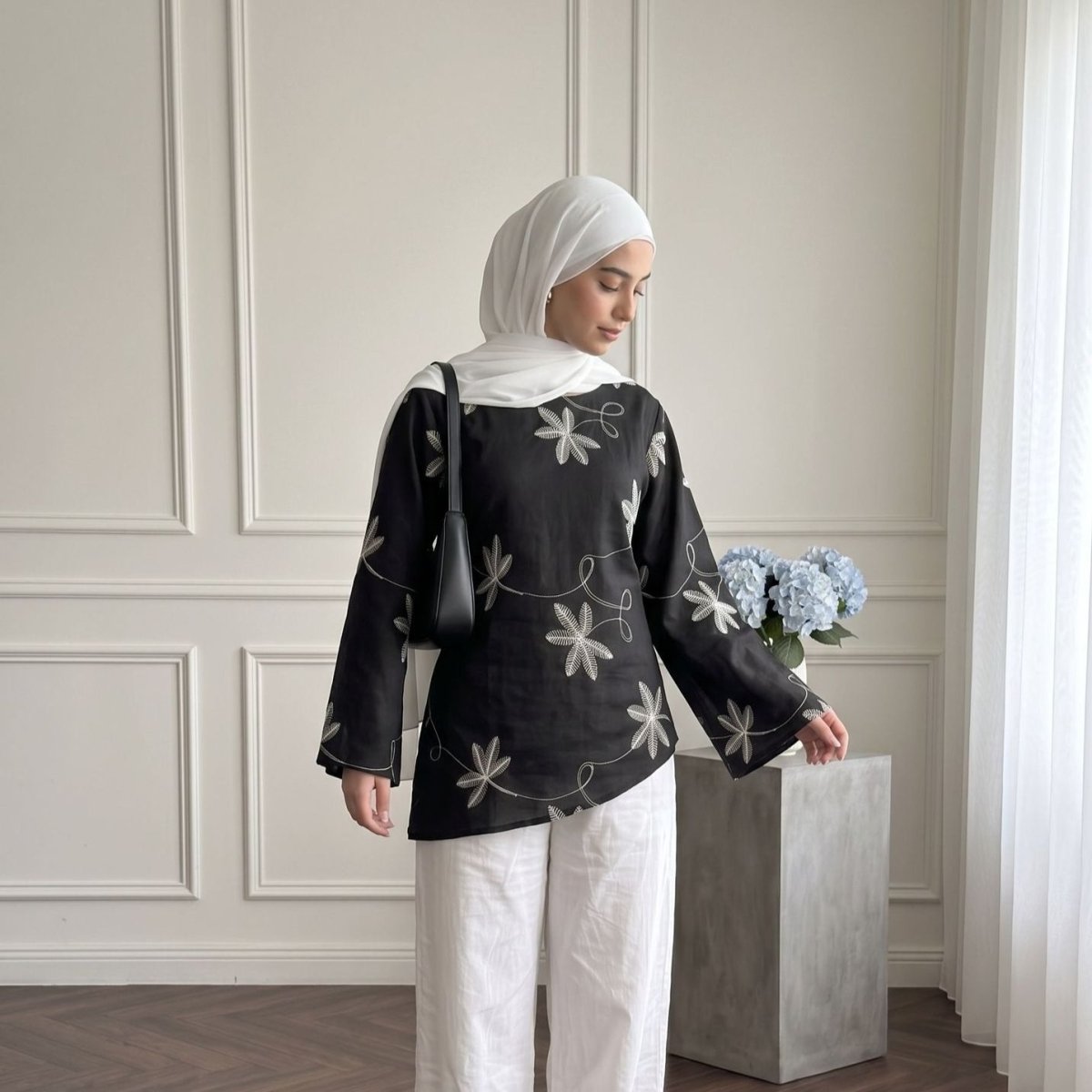 Leaf & Floral Embroidered Flared-Sleeve Asymmetric Hem Top(MS485) - Mariam's Collection