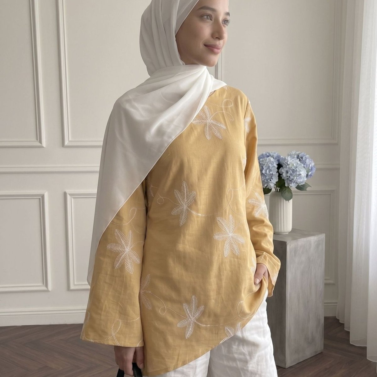 Leaf & Floral Embroidered Flared-Sleeve Asymmetric Hem Top(MS485) - Mariam's Collection