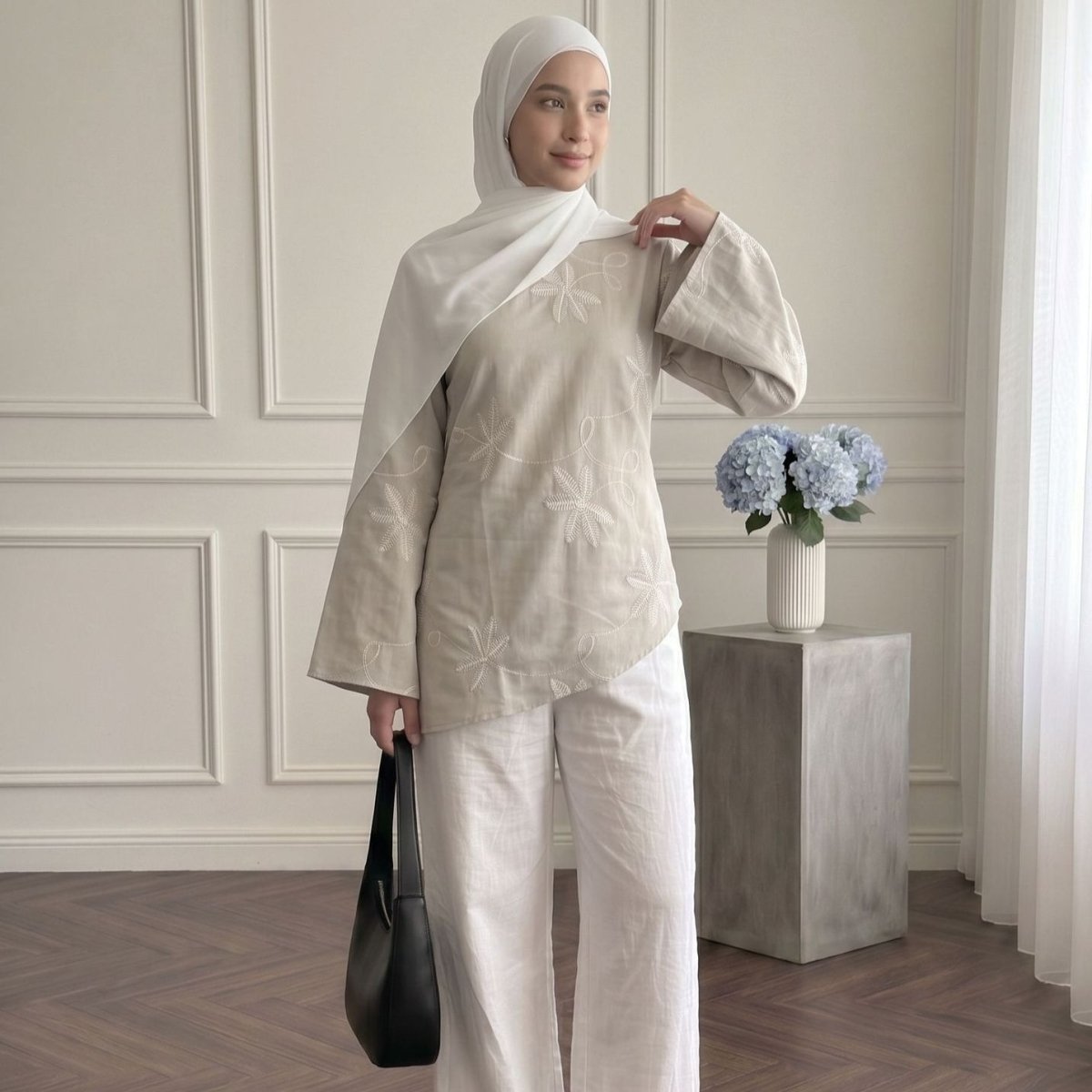 Leaf & Floral Embroidered Flared-Sleeve Asymmetric Hem Top(MS485) - Mariam's Collection