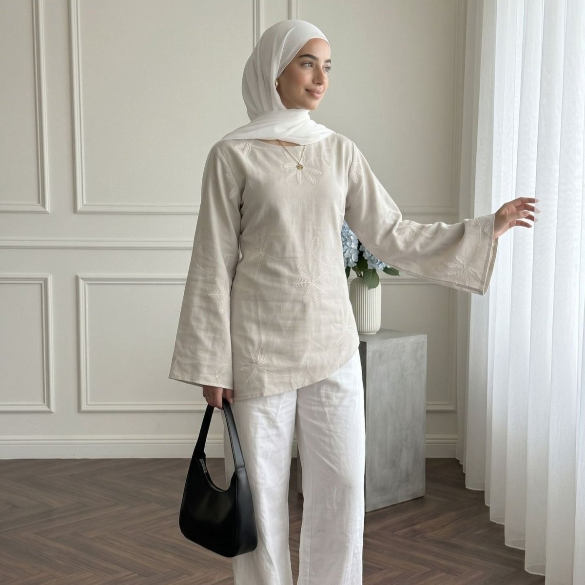 Leaf & Floral Embroidered Flared-Sleeve Asymmetric Hem Top(MS485) - Mariam's Collection