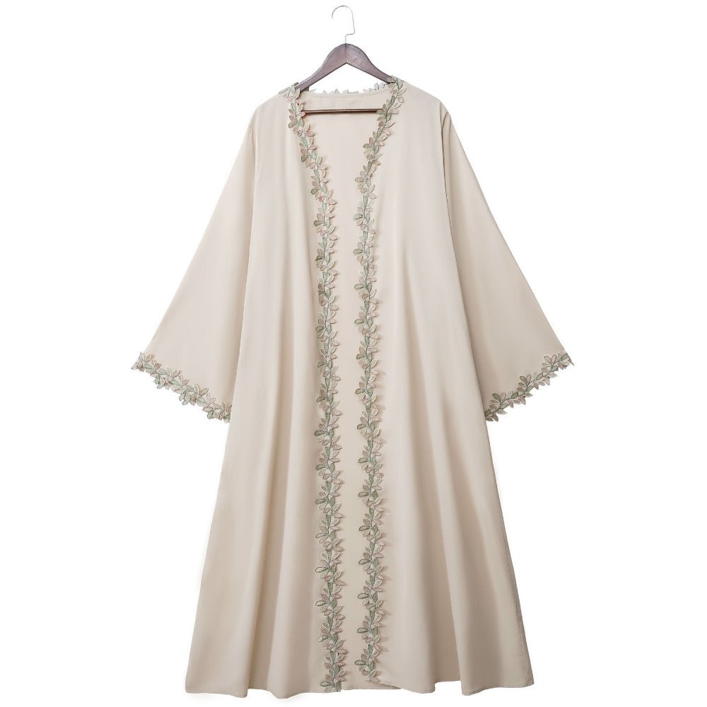 Leaf Lace Trim Abaya | Elegant Embroidered Open - Front Maxi Dress(MOA255) - Mariam's Collection