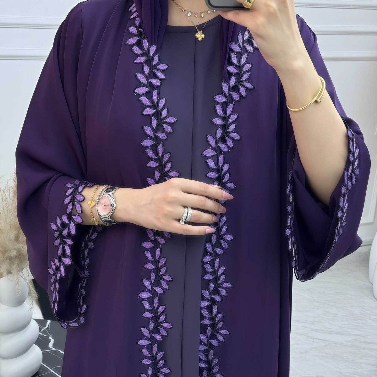 Leaf Lace Trim Abaya | Elegant Embroidered Open - Front Maxi Dress(MOA255) - Mariam's Collection
