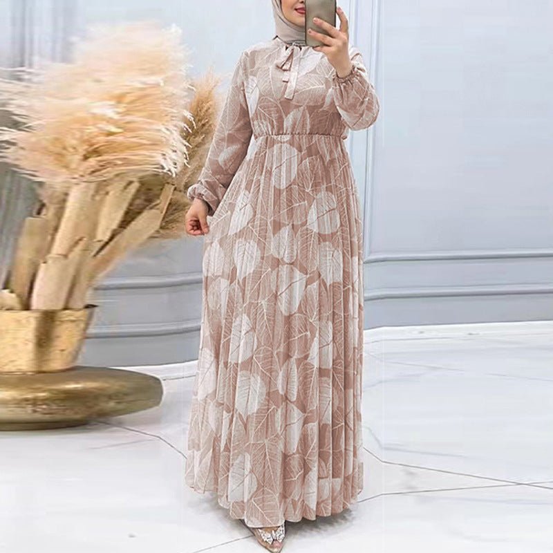 Leaf Print Chiffon Dress with Pleated Skirt